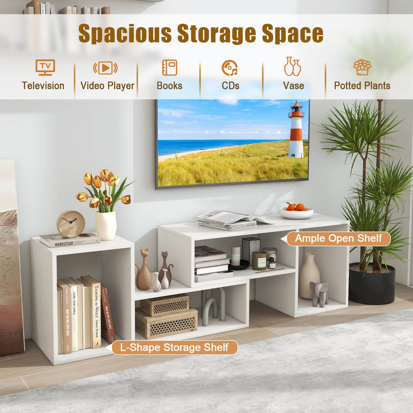 Spacious Storage Space:

* TV
* Television
* Video Player
* Books
* CDs
* Vase
* Potted Plants
* Ample Open Shelf
* L-Shape Storage Shelf