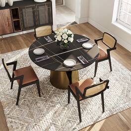 POVISON - 51" Modern Black Round Dining Table for 4, Matte Sintered Stone Tabletop, Bronze Carbon Steel Base - Matte Black Sintered Stone & Bronze Steel Base