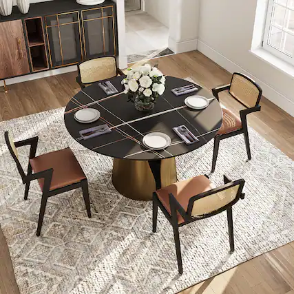 Front. POVISON - 51" Modern Black Round Dining Table for 4, Matte Sintered Stone Tabletop, Bronze Carbon Steel Base - Matte Black Sintered Stone & Bronze Steel Base.