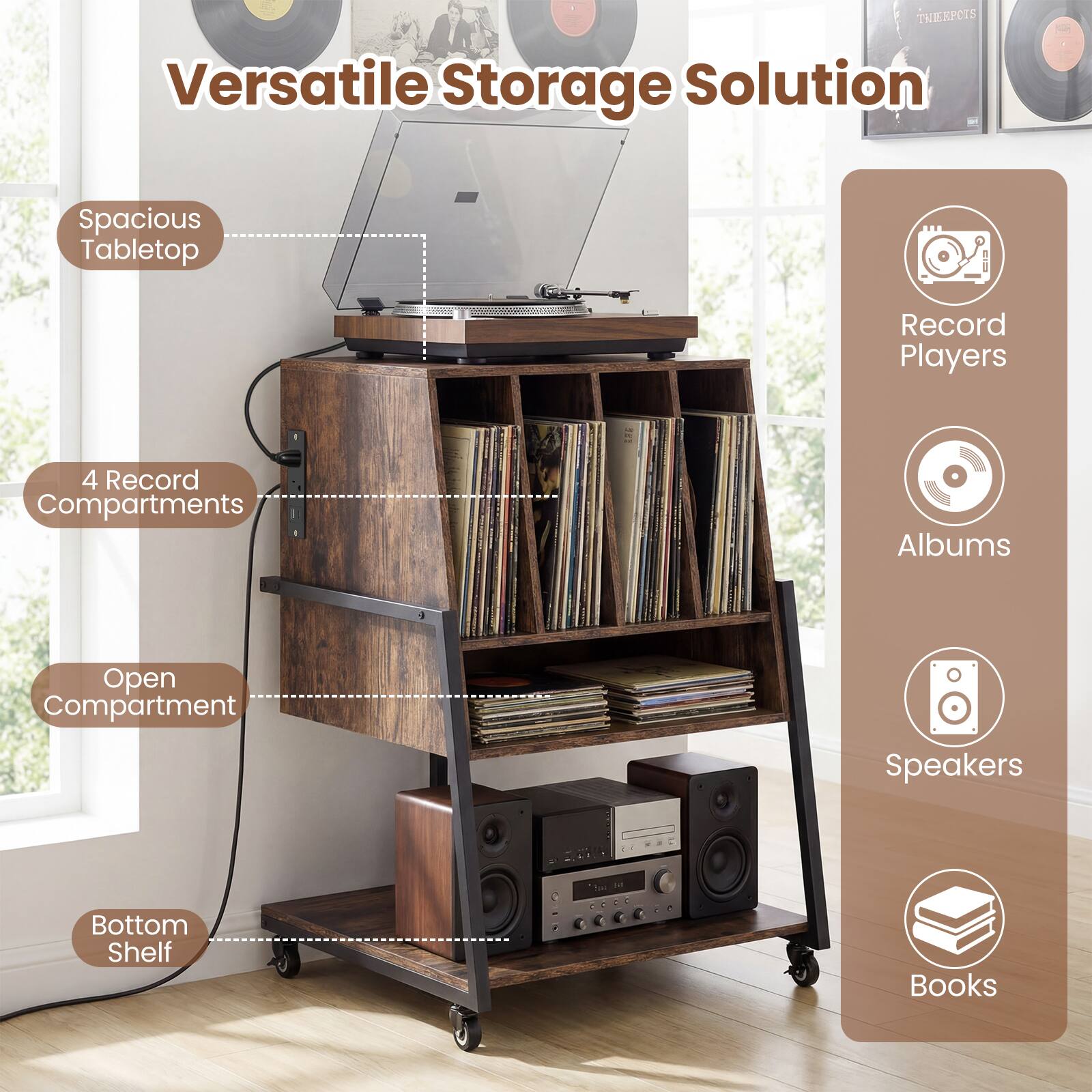 Versatile Storage Solution

- Spacious Tabletop
- 4 Record Compartments
- Open Compartment
- Bottom Shelf

Record Players
Albums
Speakers
Books