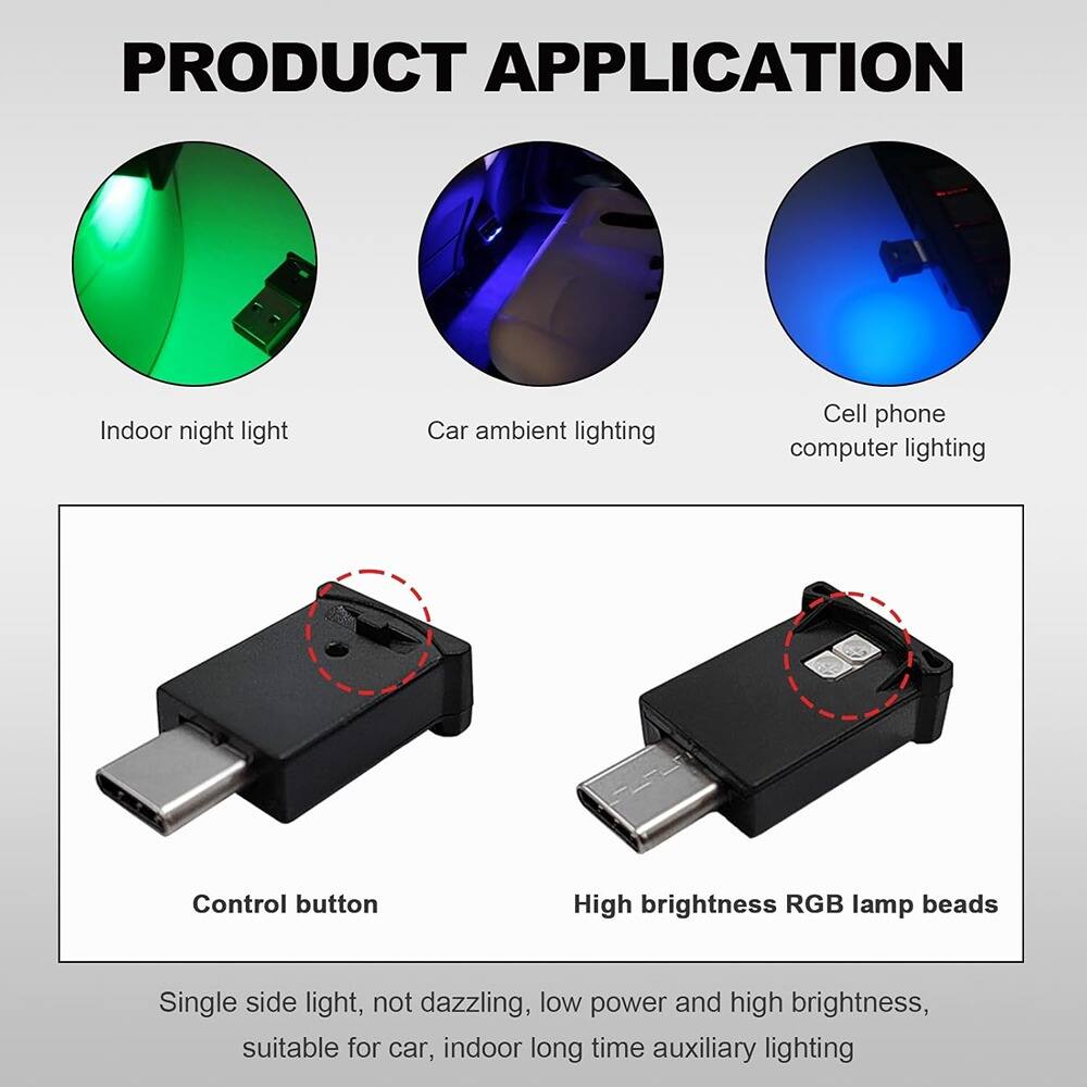 **PRODUCT APPLICATION**

- Indoor night light
- Car ambient lighting
- Cell phone computer lighting

- Control button
- High brightness RGB lamp beads

Single side light, not dazzling, low power and high brightness, suitable for car, indoor long time auxiliary lighting