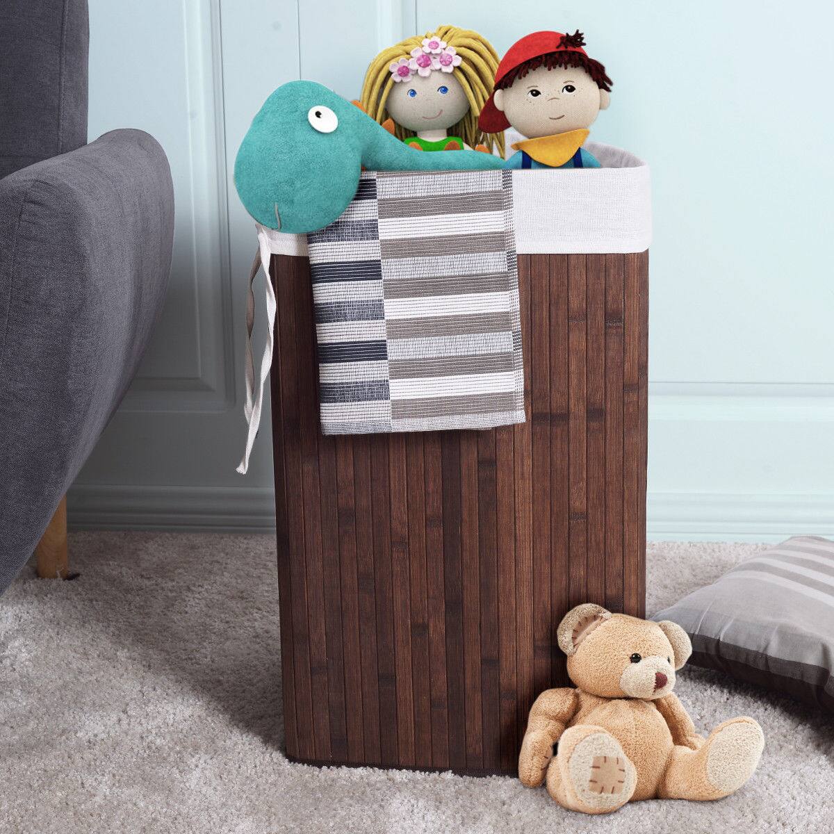 Alt View 11. Costway - Corner Bamboo Hamper Laundry Basket Washing Cloth Bin Storage Bag Lid Brown - Brown.