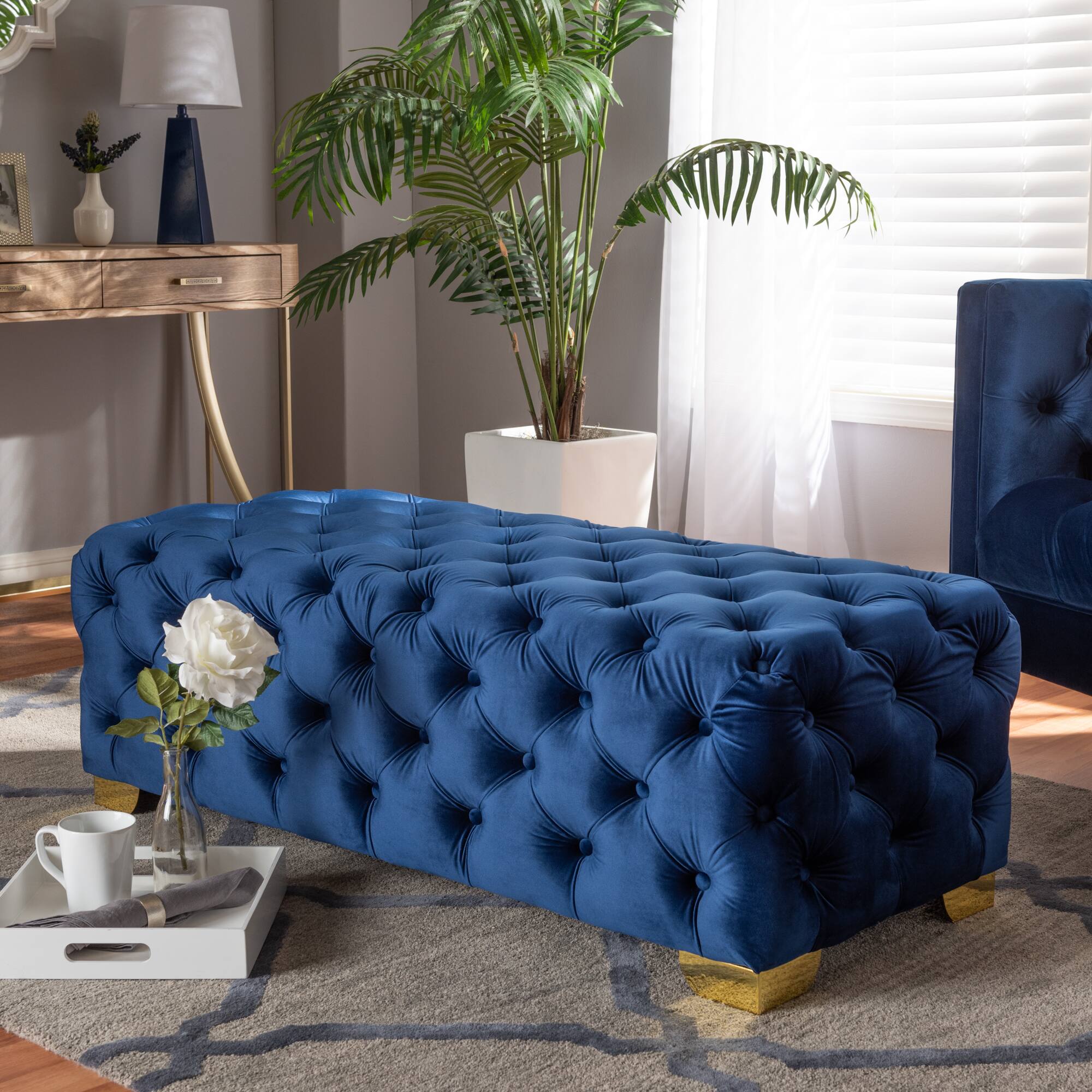 Alt View 2. Baxton Studio - Avara Glam and Luxe Velvet Fabric Upholstered Gold Finished Button Tufted Bench Ottoman - Royal Blue/Gold.