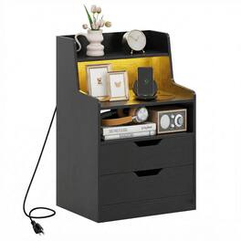 Costway - Nightstand with Charging Station, LED Bedside Table with 2 Storage Drawers & Shelves - Black