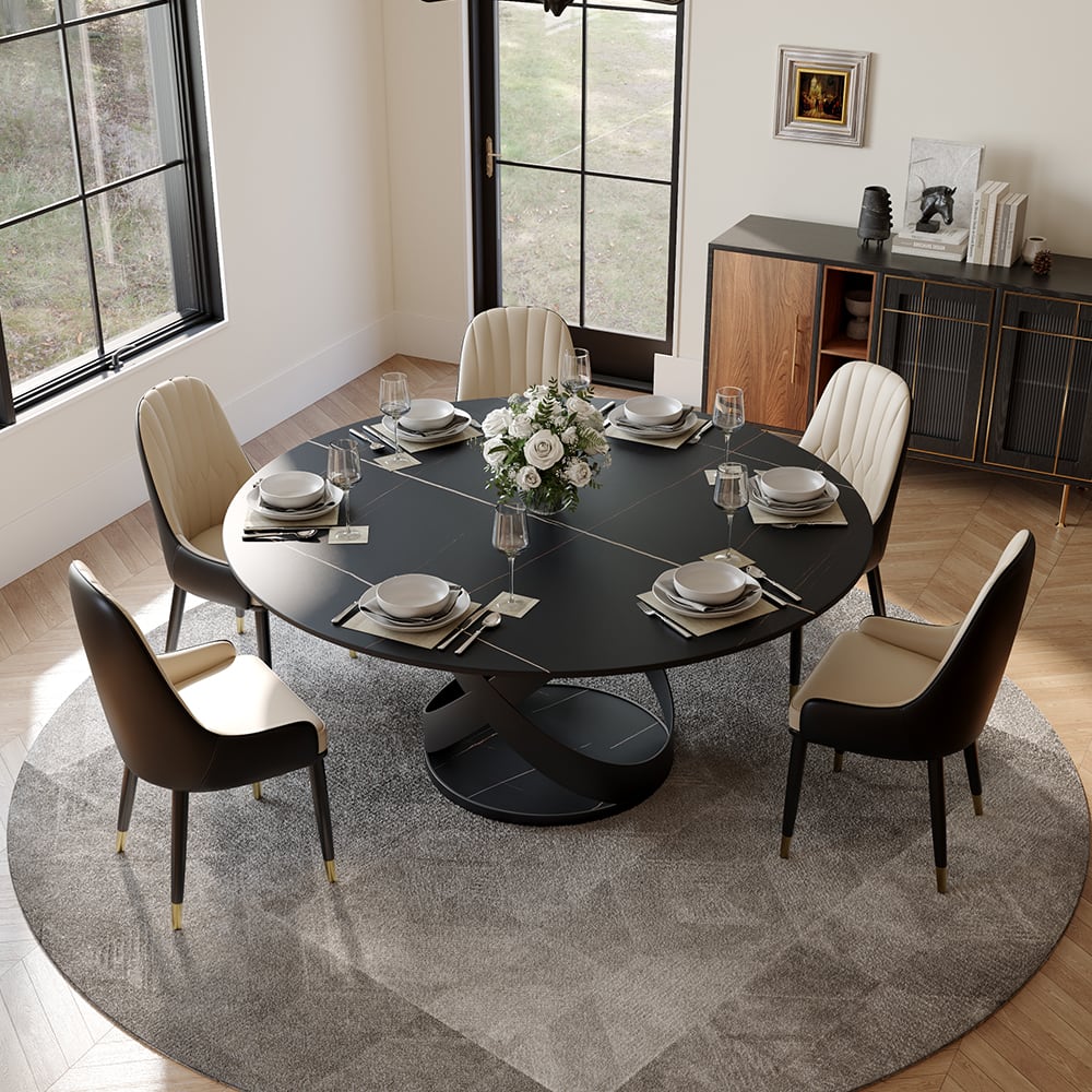 POVISON - 59" Modern Round Black Dining Table for 6, Matte Sintered Stone Tabletop with Black X Carbon Steel Base - Black Matte Sintered Stone with Black