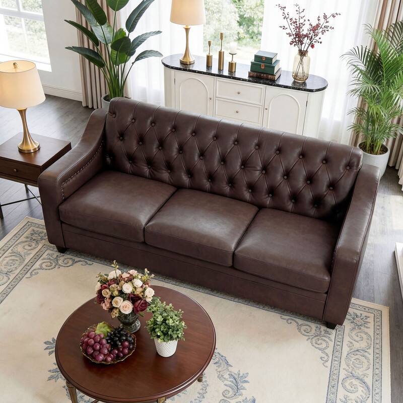 Back. Dyonery - Dyonery 78.7" PU Leather Couch, Sofa with Deep Seat, Handmade Button Tufted 3 Seater Sofa, Modern Leather Sofa - Black.