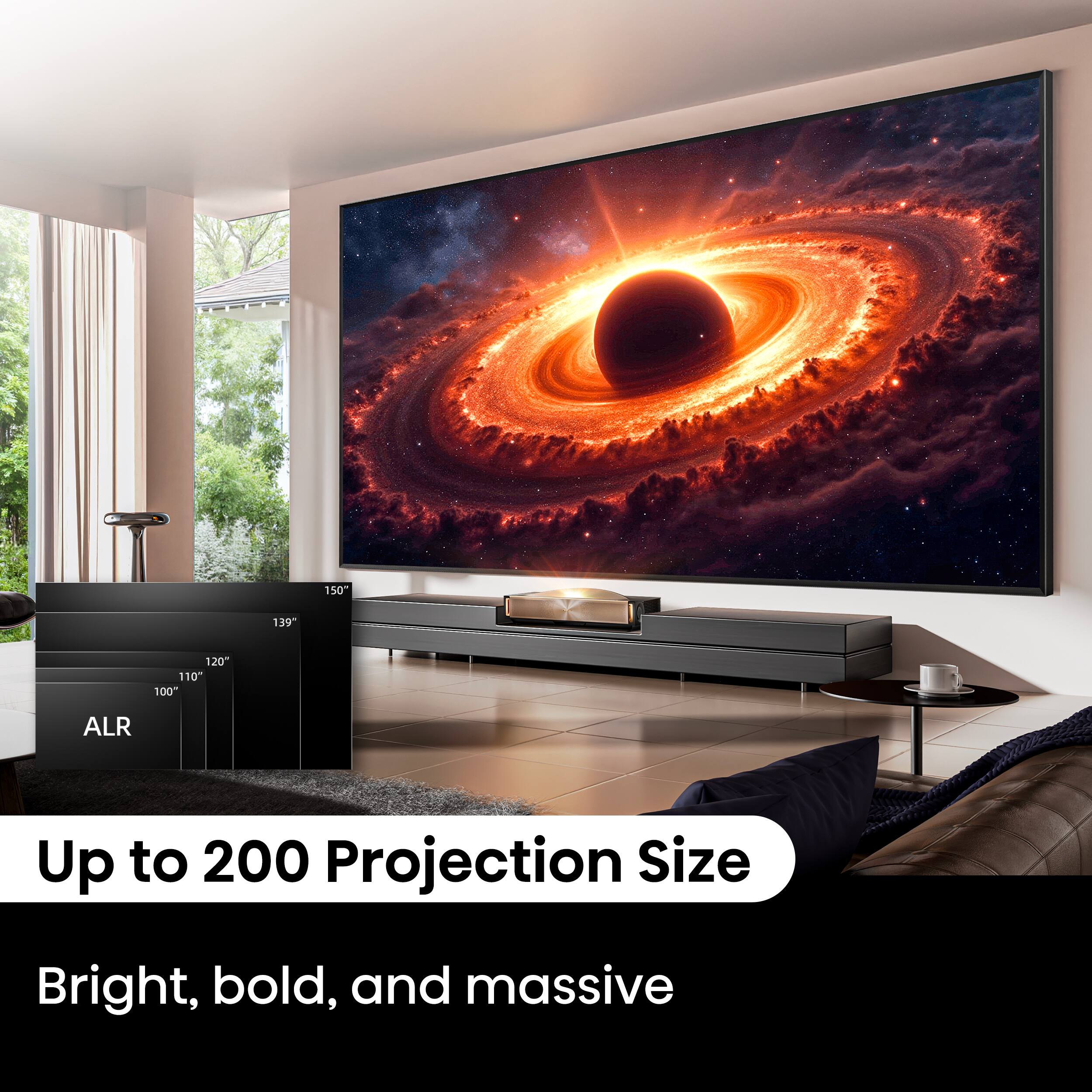 The text on the image reads: "Up to 200 Projection Size Bright, bold, and massive."