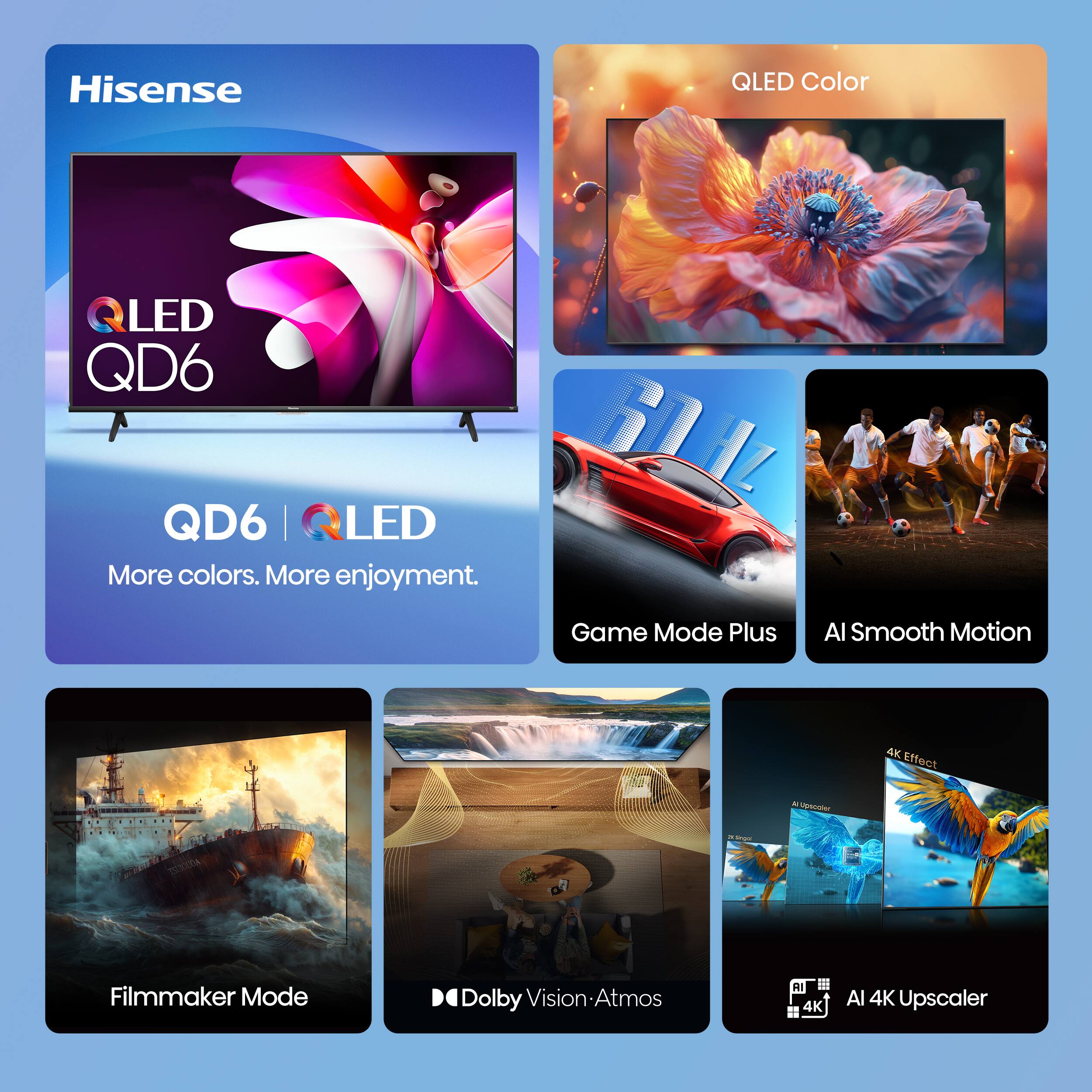 Hisense QLED QD6  
QD6 | QLED  
More colors. More enjoyment.  

QLED Color  

Game Mode Plus  
AI Smooth Motion  

Filmmaker Mode  
Dolby Vision-Atmos  

AI 4K Upscaler