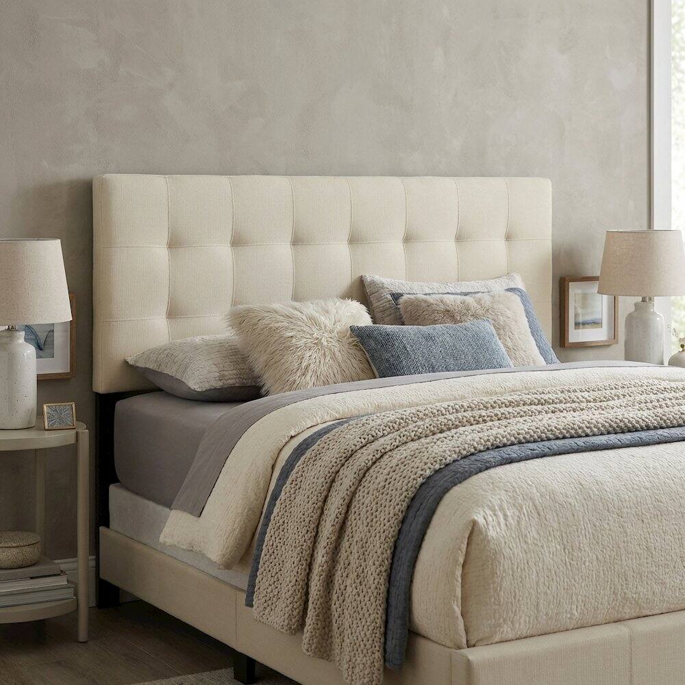 Left. FurniFact - Upholstered Fabric King Headboard with Soft Padding and Classic Design - Beige.