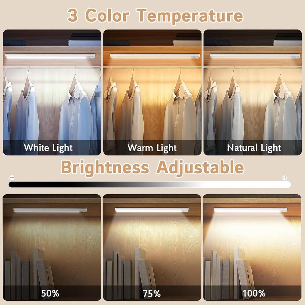 3 Color Temperature  
White Light  
Warm Light  
Natural Light  

Brightness Adjustable  
50%  
75%  
100%