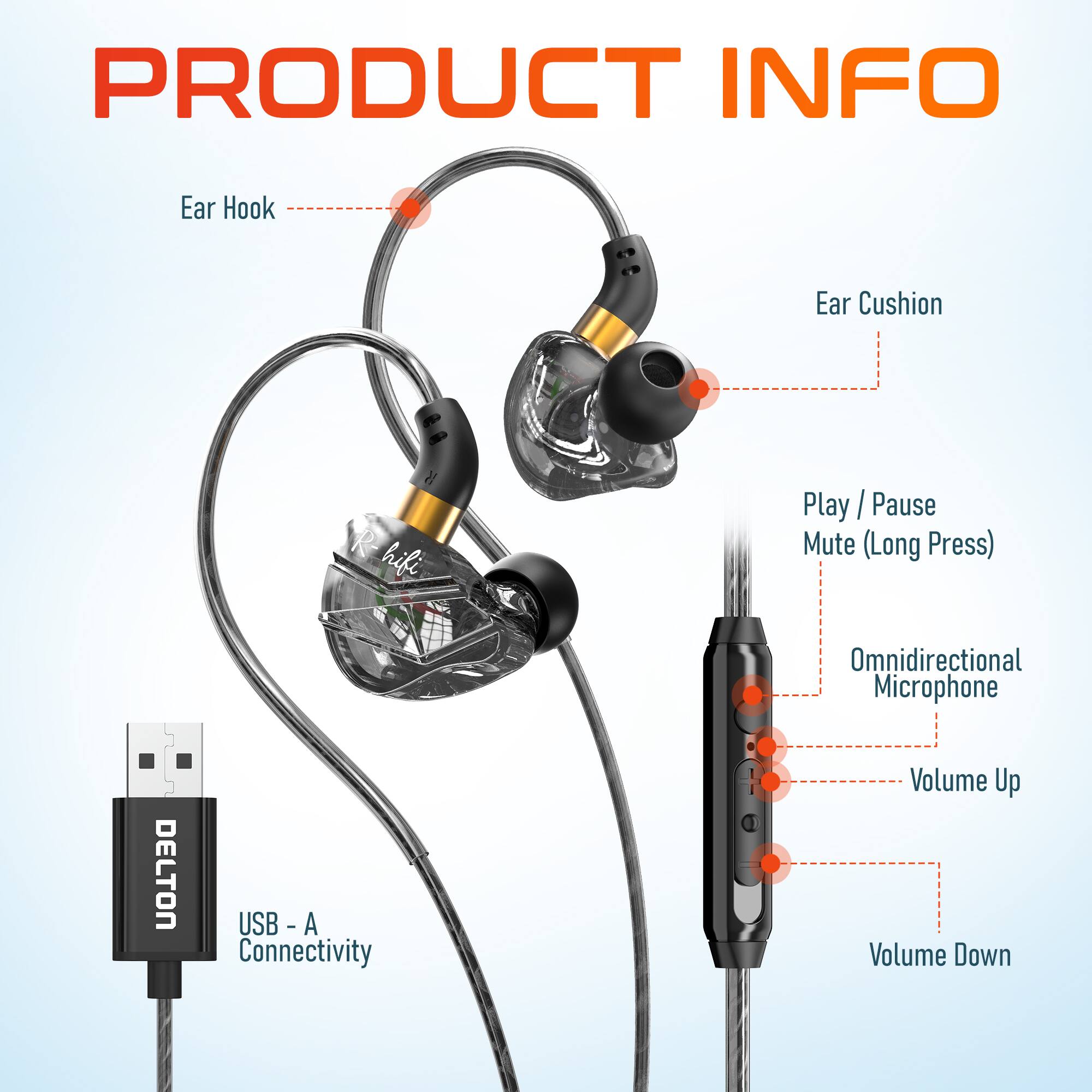 PRODUCT INFO

- Ear Hook
- Ear Cushion
- Play / Pause
- Mute (Long Press)
- Omnidirectional Microphone
- USB - A Connectivity
- Volume Up
- Volume Down