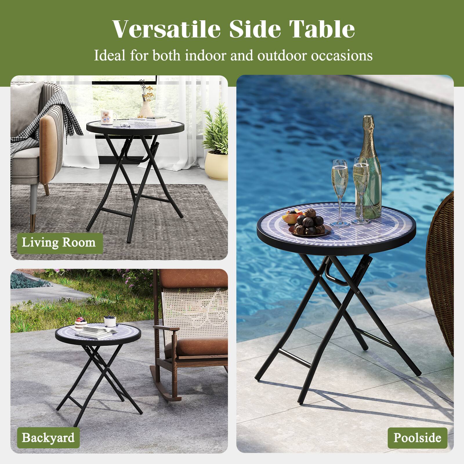 Versatile Side Table: Ideal for both indoor and outdoor occasions. Living Room, Backyard, Poolside.