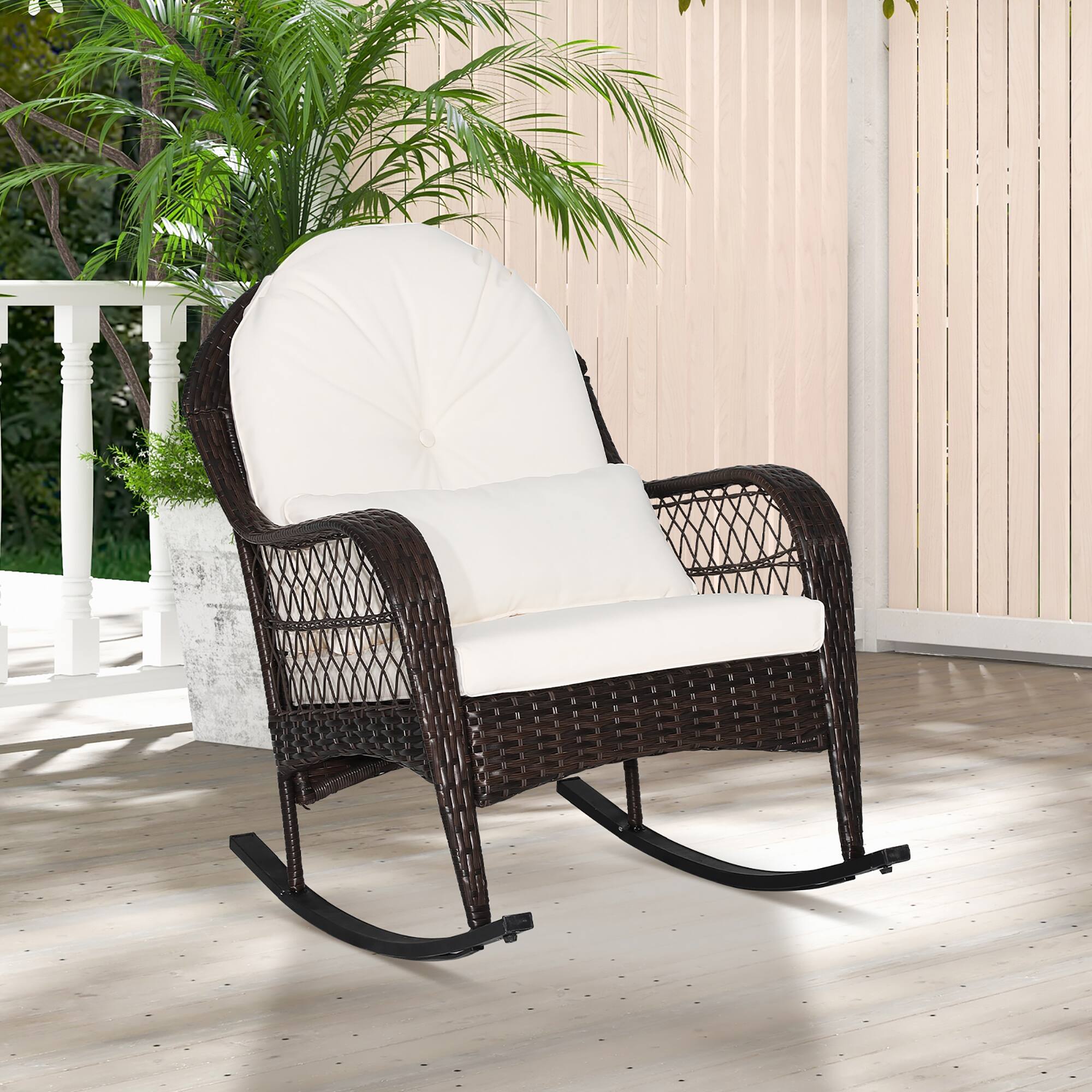 Alt View 1. Costway - Costway Patio Wicker Rocking Chair W/Seat Back Cushions & Lumbar Pillow Porch - Off-White.