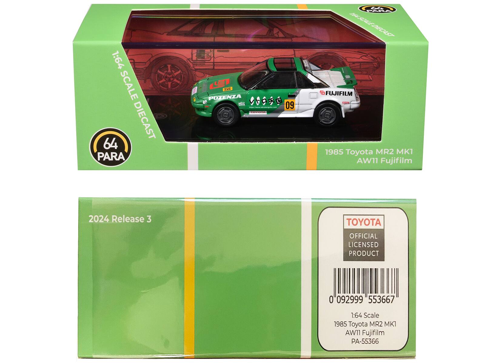 1:64 SCALE DIECAST  
64 PARA  

1985 Toyota MR2 MK1 AW11 Fujifilm  

2024 Release 3  

TOYOTA  
OFFICIAL LICENSED PRODUCT  

0 092999 553667  
1:64 Scale  
1985 Toyota MR2 MK1 AW11 Fujifilm  
PA-55366