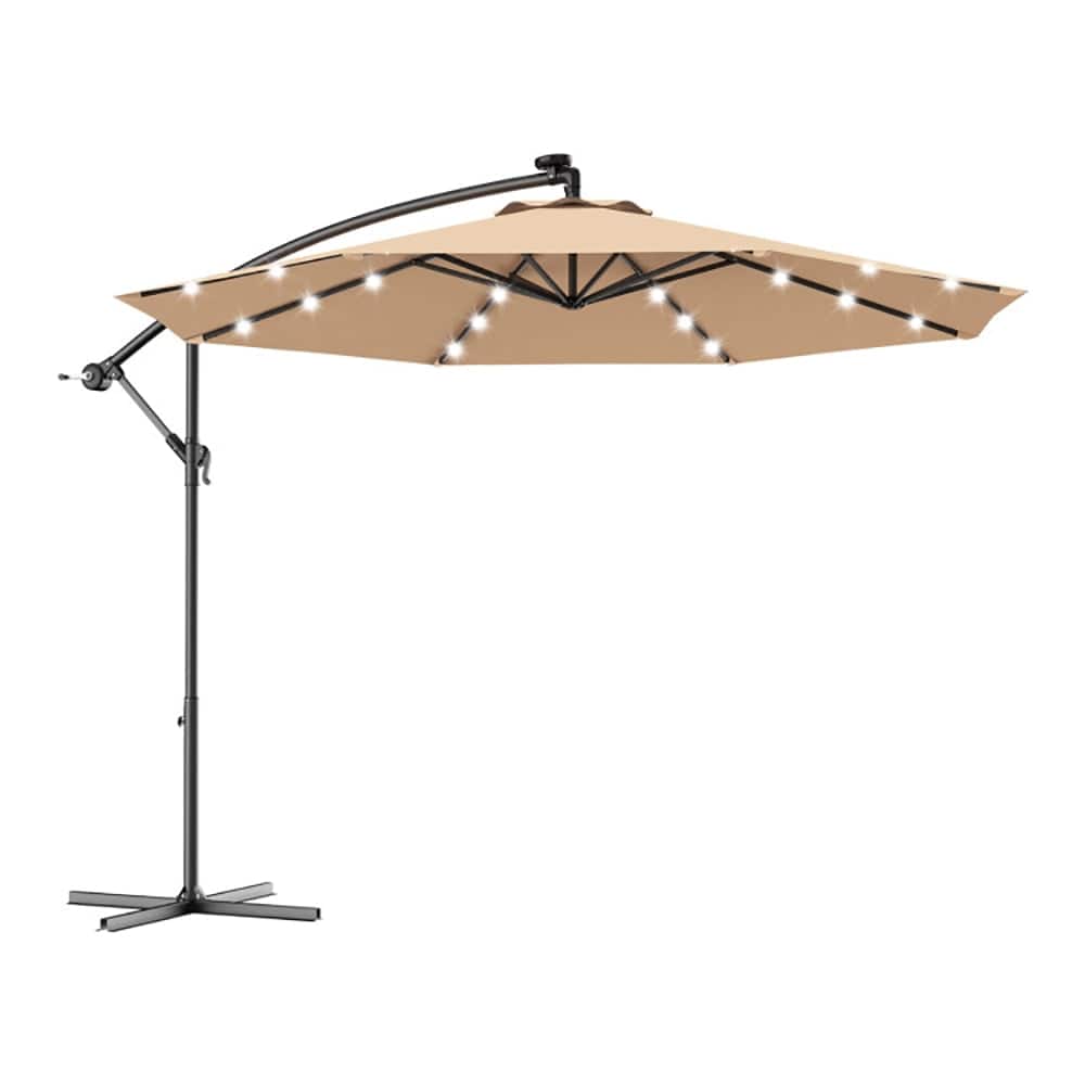 Kadyn - 10 Feet Patio Hanging Solar LED Umbrella Sun Shade with Cross Base-Beige, Outdoor Table Umbrella, Yard Umbrella