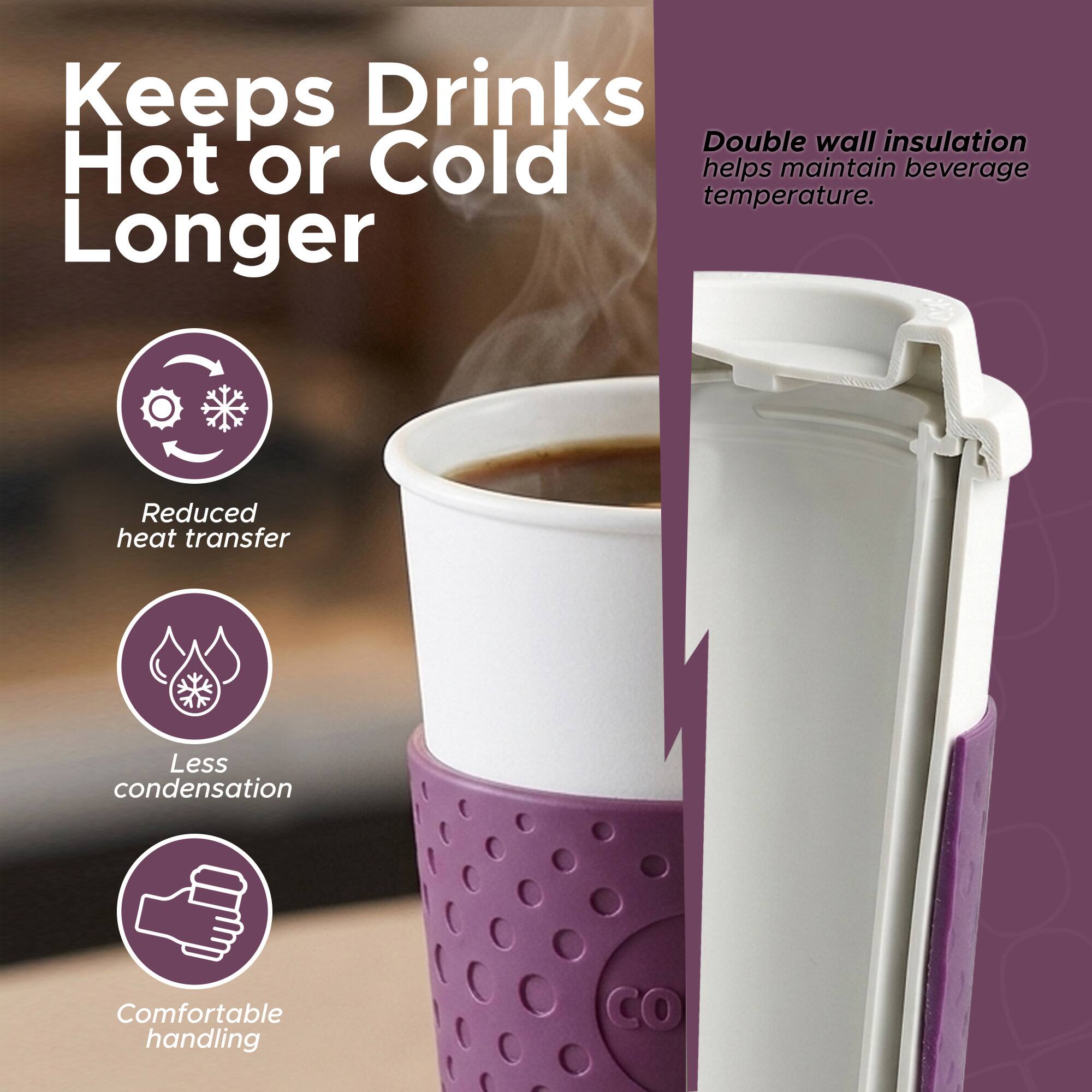 Keeps Drinks Hot or Cold Longer

Double wall insulation helps maintain beverage temperature.

- Reduced heat transfer
- Less condensation
- Comfortable handling