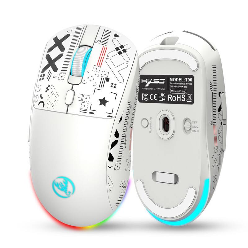 MODEL: T90  
T90 HyS3  
3 mode wireless mouse  
Wired + 2.4G BT  
Voltage: 3.7V 200mAh  
Made in China  
FC CE UK CA RoHS  
Key: 1 Mode  
OFF ON ON  
5 +
