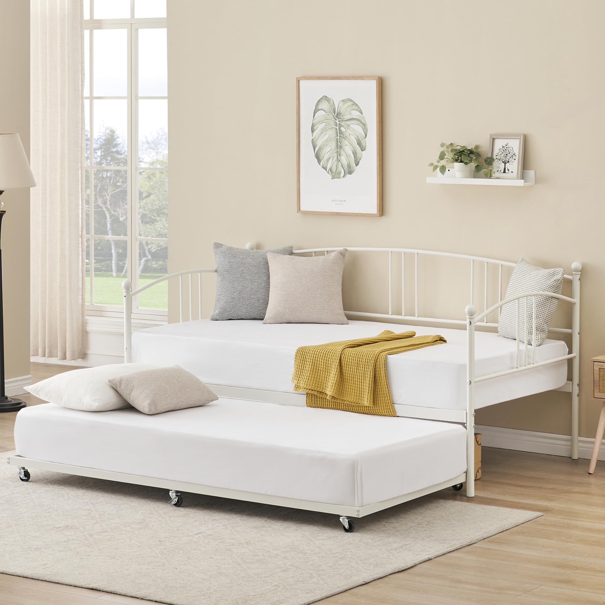 Front. Babevy - Twin Metal Daybed with Trundle, Pullout Trundle Bed Frame with Arched Headboard, Guest Sofa Bed with Steel Slat Support - White.