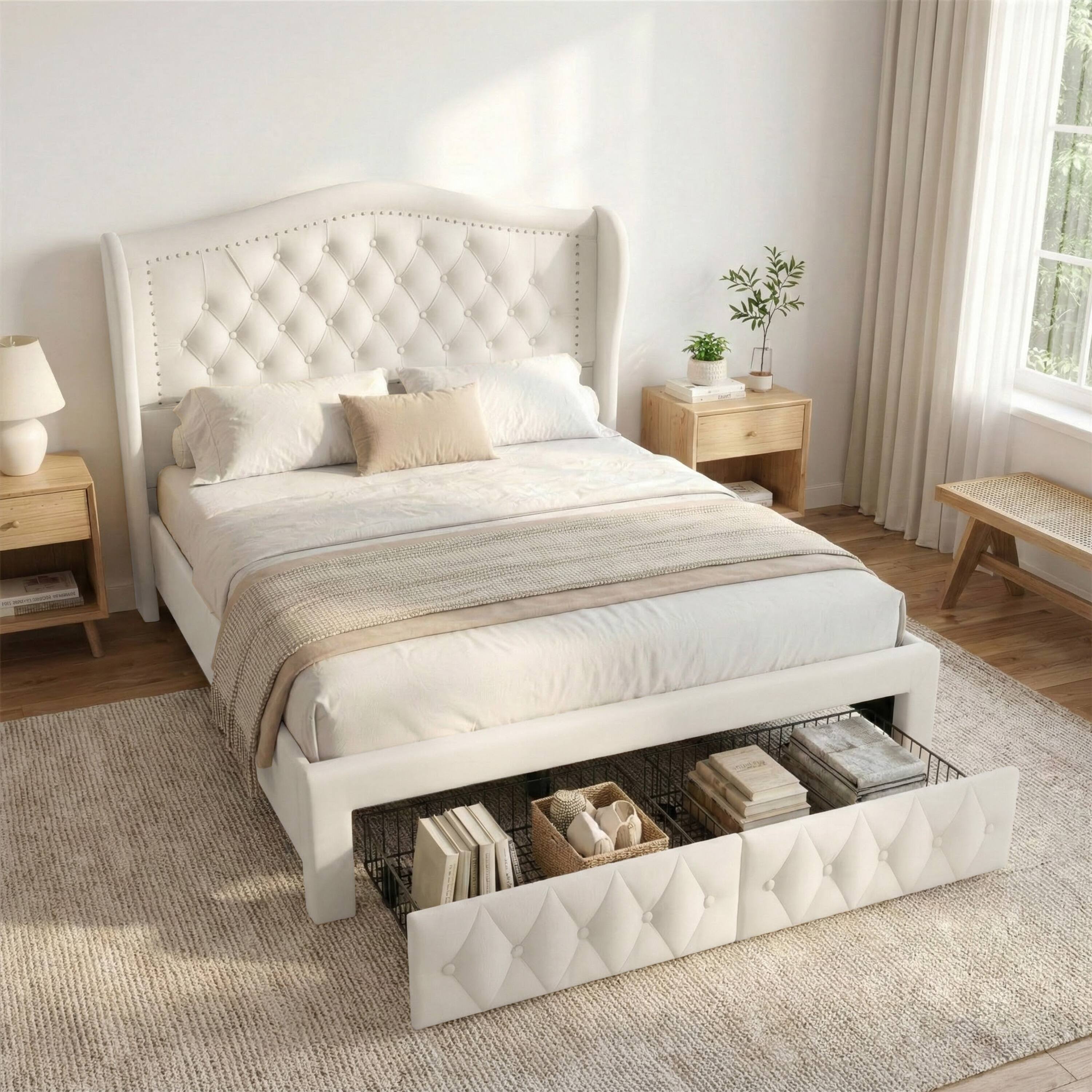 Alt View 9. Vipbear - Queen Upholstered Platform Bed Frame with 2 Storage Drawers & 52.6" Tall Headboard, No Box Spring Needed - beige.