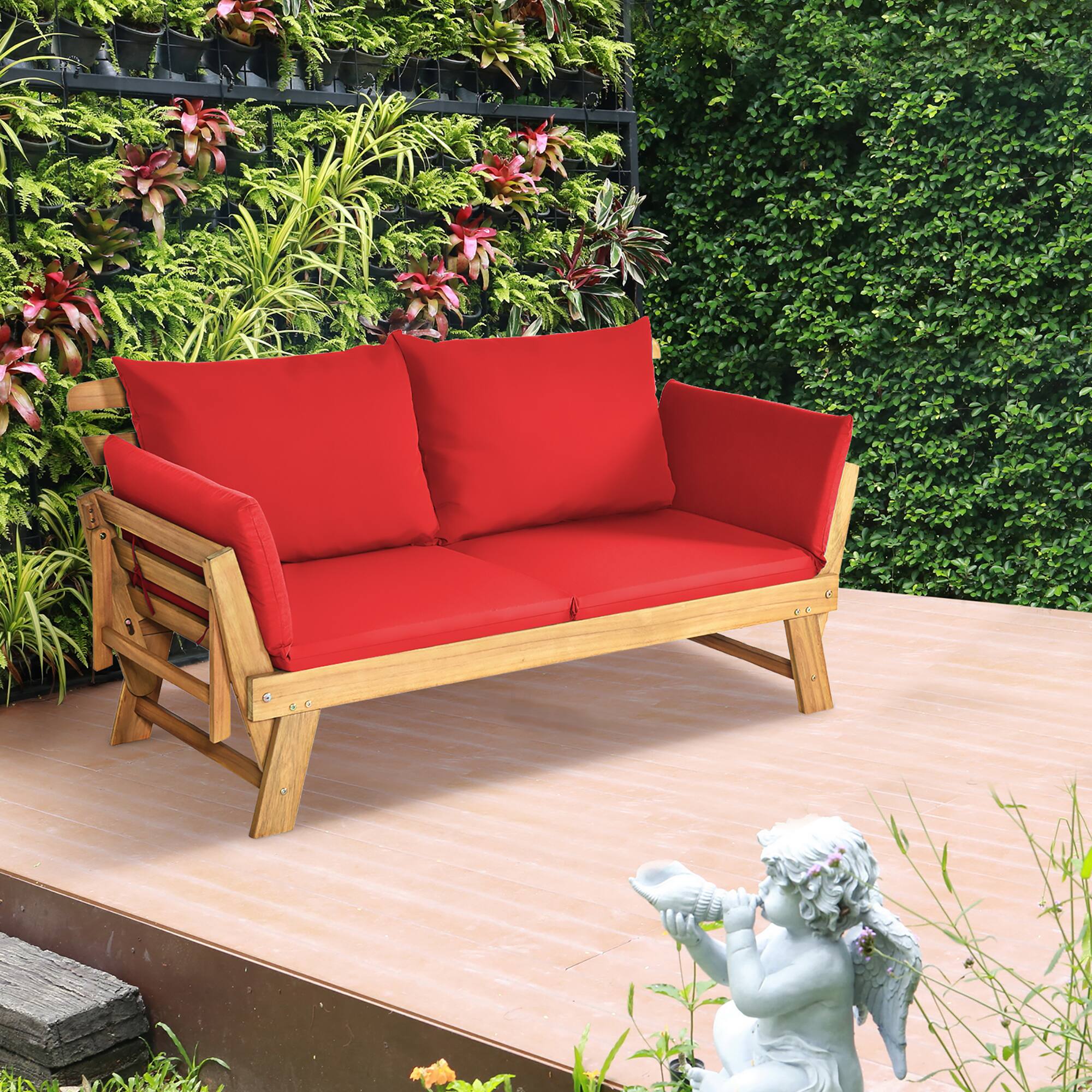Alt View 3. Gymax - Gymax Adjustable Patio Sofa Daybed Acacia Wood Furniture w/ Red Cushions - Red.