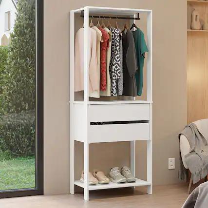 Front. Madesa - Madesa Wardrobe Clothes Storage Rack with 2 Drawers and Hanging Space 27"L - White - White.