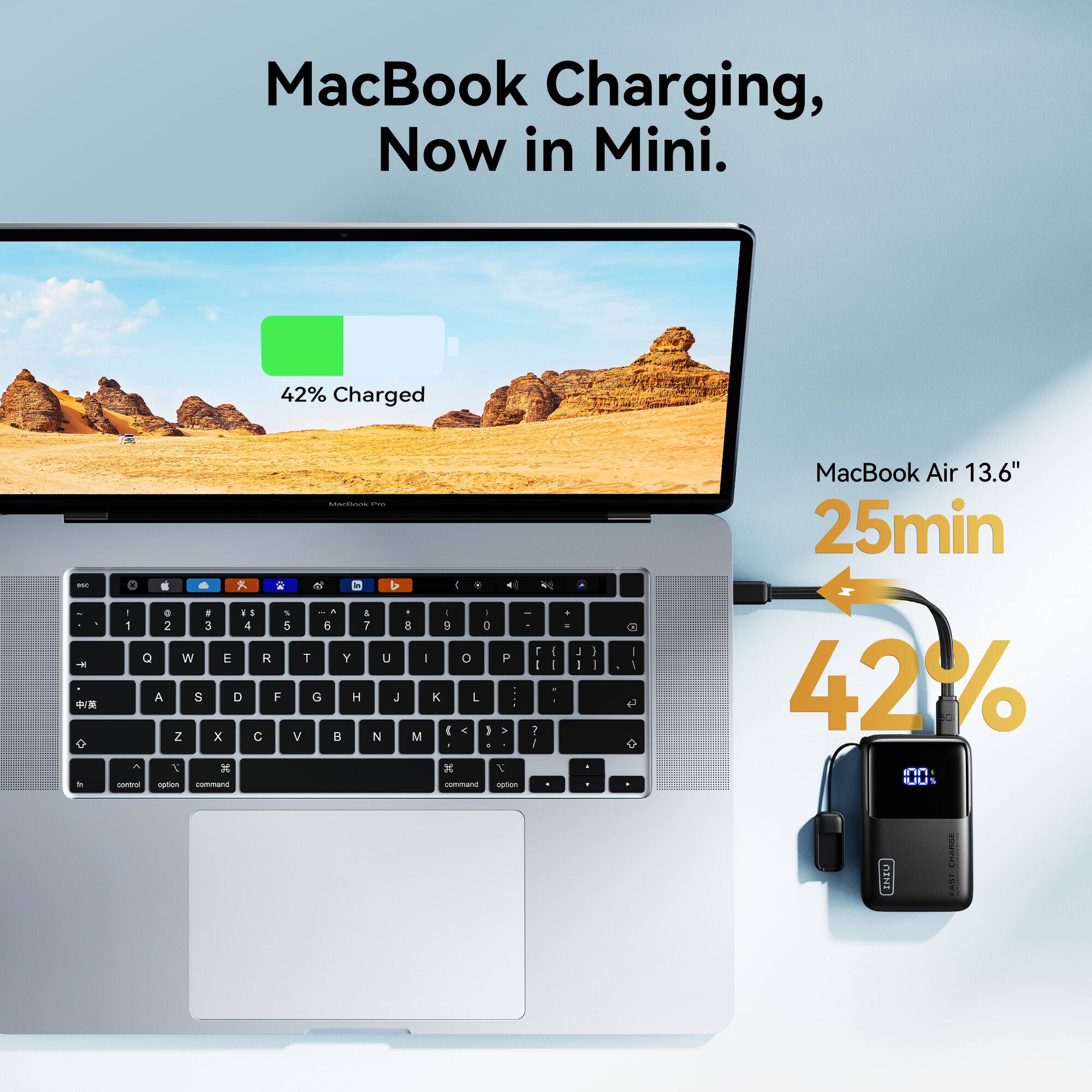 MacBook Charging, Now in Mini.  
42% Charged  

MacBook Air 13.6"  
25min  
42%