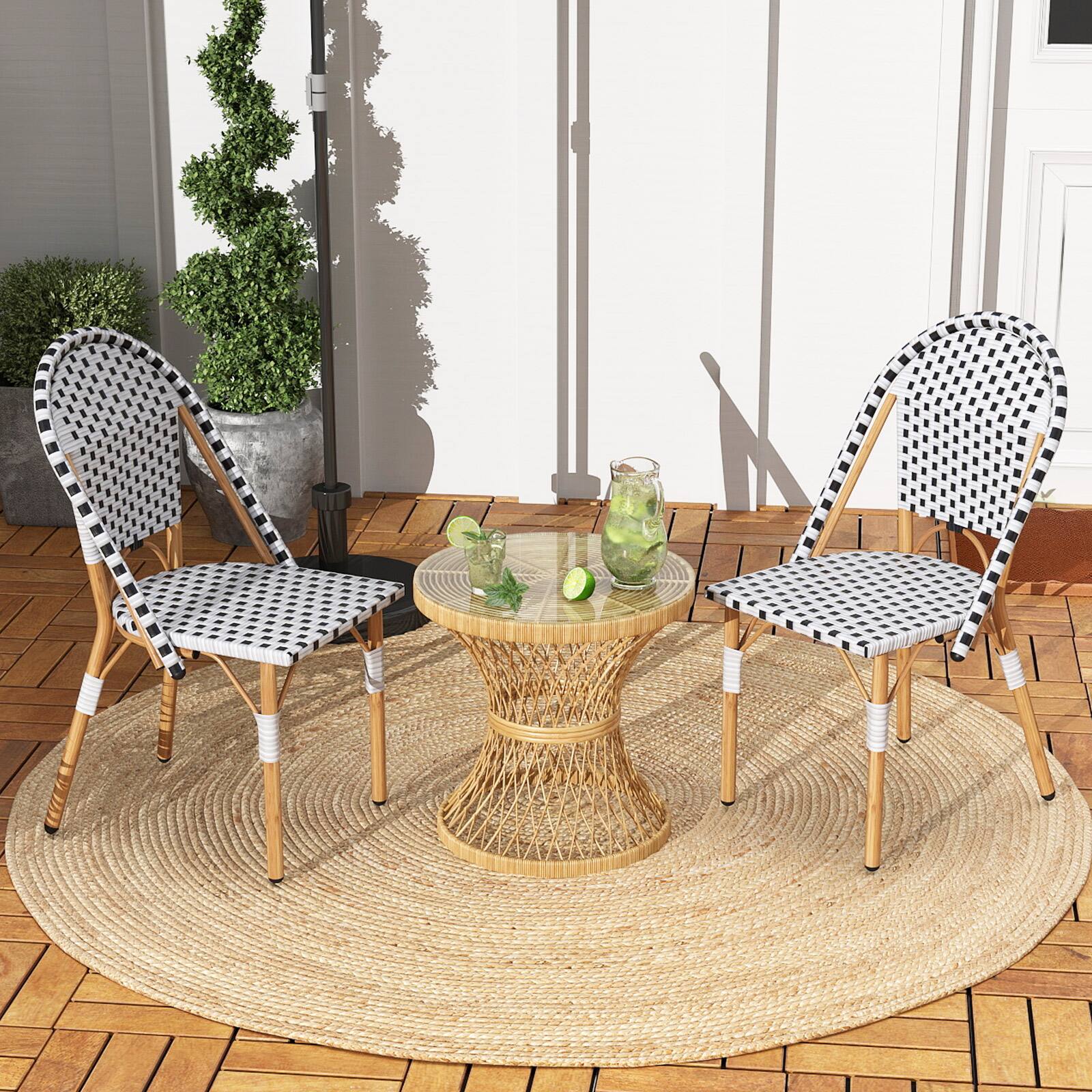 Alt View 3. Costway - Costway Set of 4 French Bistro Chairs, Outdoor Armless Dining Chairs with Handwoven Rattan and Galvanized Metal Frame - Black & White.