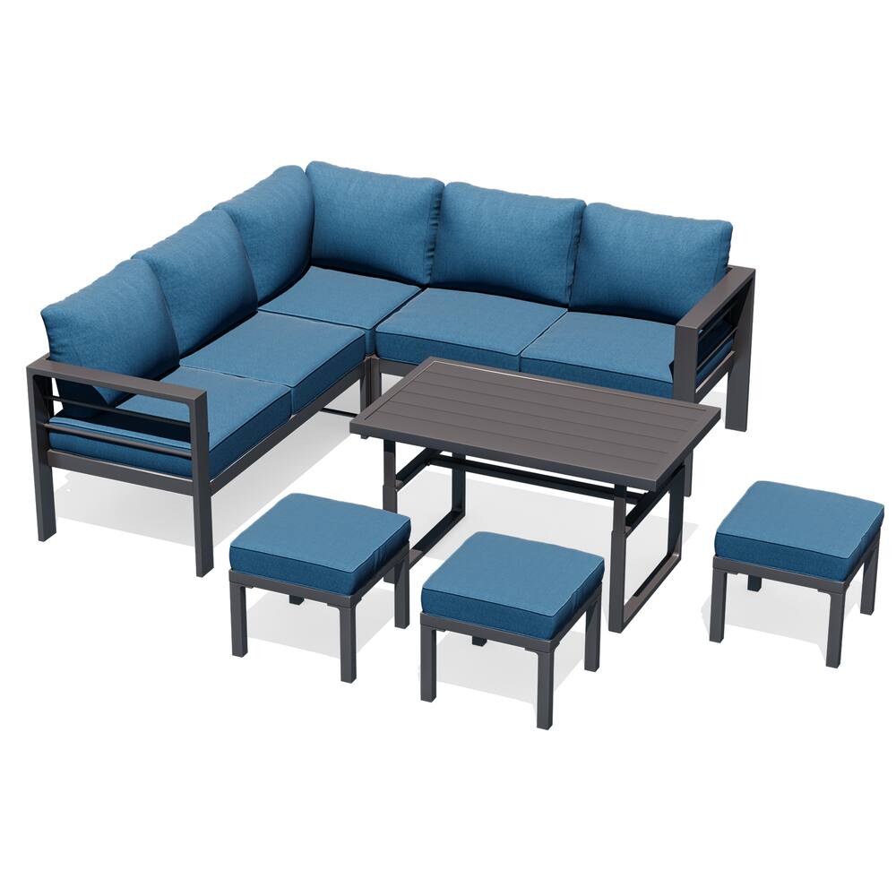 Back. Mondawe - 7-Piece Aluminum Corner Seating Set with Adjustable Lift Table and Cushions - Blue+Black.