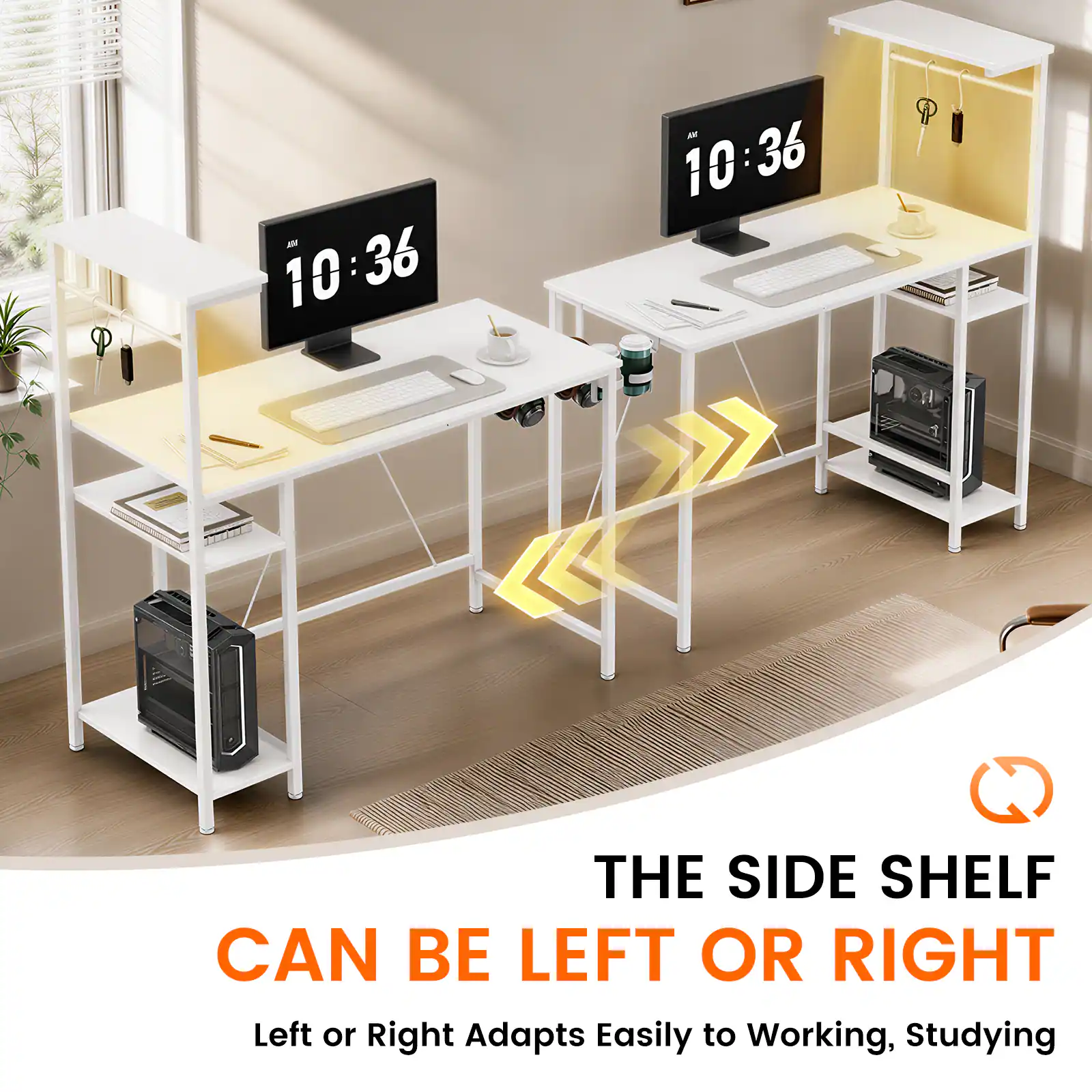 SOU 10:36  
AN 10:36  
THE SIDE SHELF CAN BE LEFT OR RIGHT  
Left or Right Adapts Easily to Working, Studying