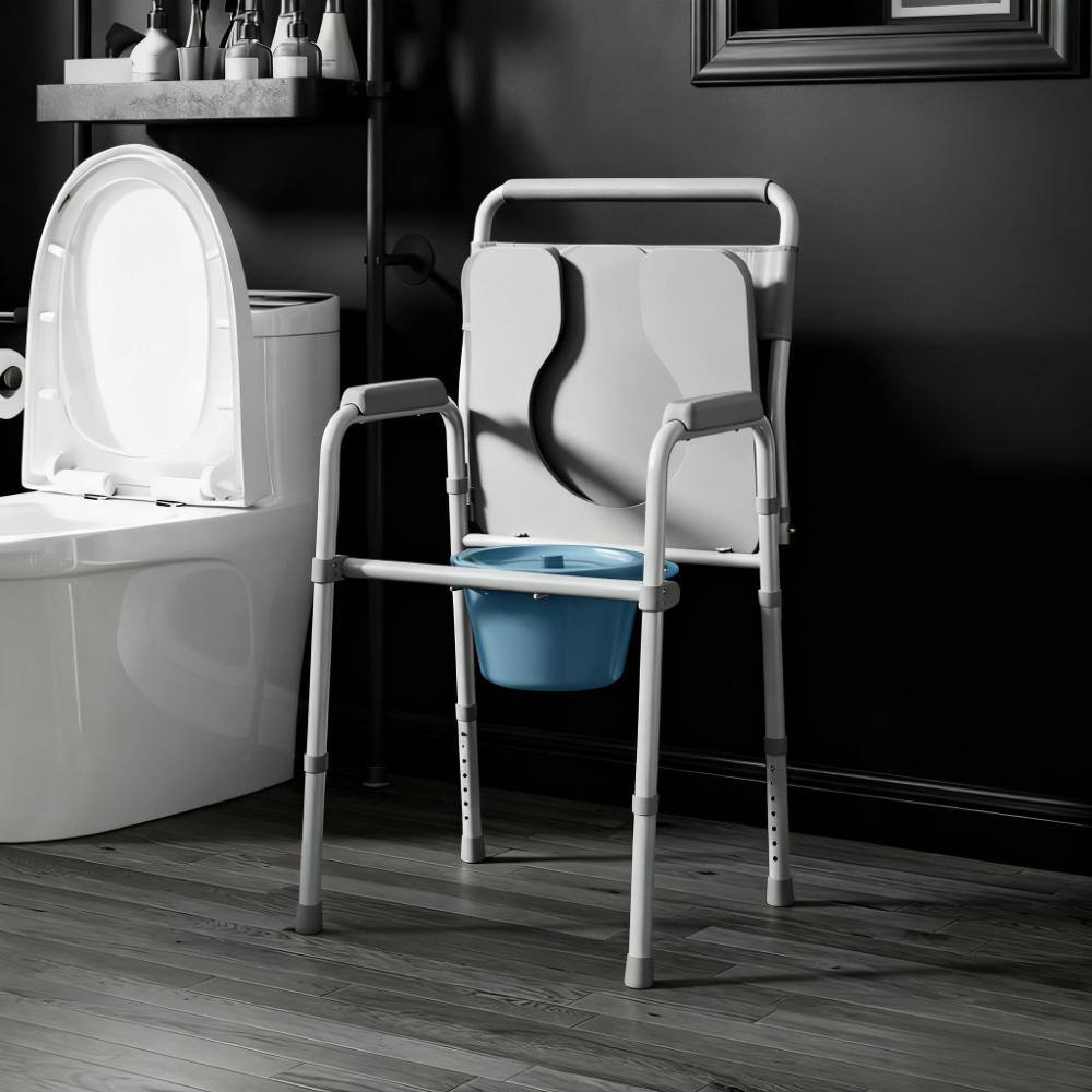 Left. TinyHomie - Raised Toilet Seat with Arm Bedside Commode Chair for Seniors Adults Handicap - Gray.