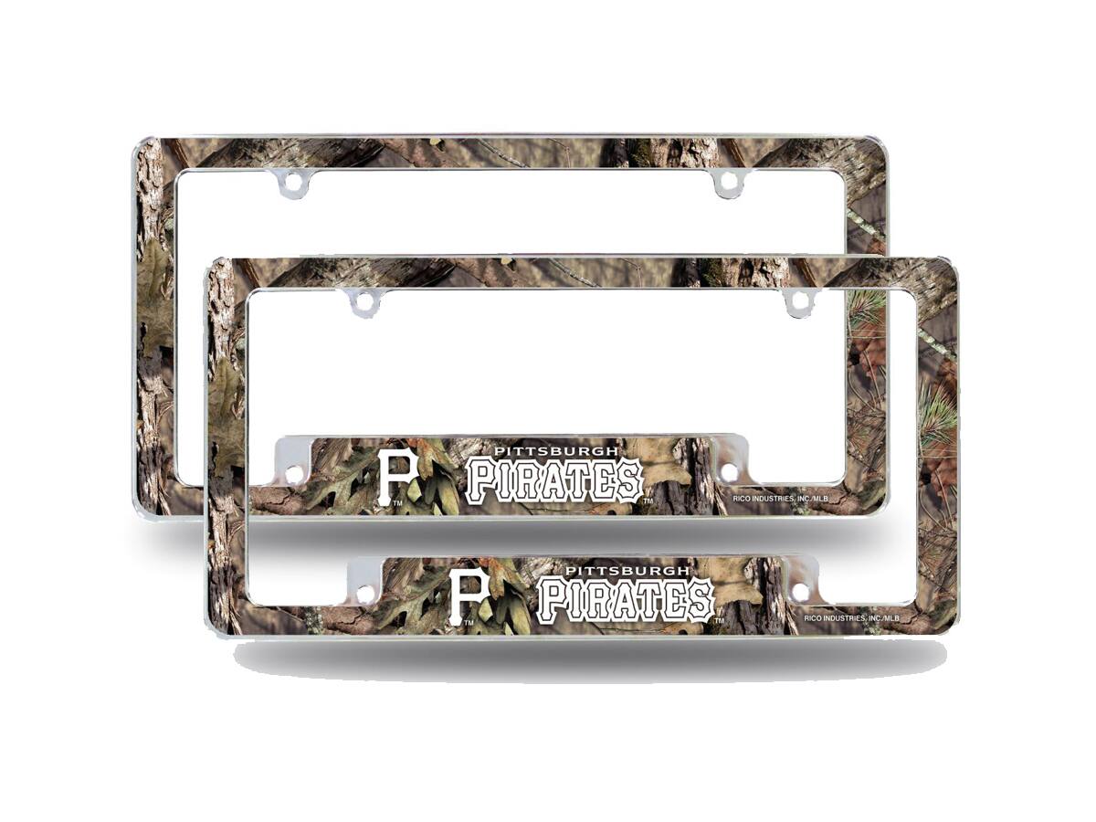 Pittsburgh Pirates Chrome Metal (Set of 2) License Plate Frames with Bold Mossy Oak Camouflaged Camo Design