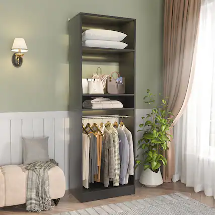 Front. Aheaplus - 25'' Closet System with 2 Hanging Rods, Freestanding Closet Organizer System with Adjustable Shelves - Black.