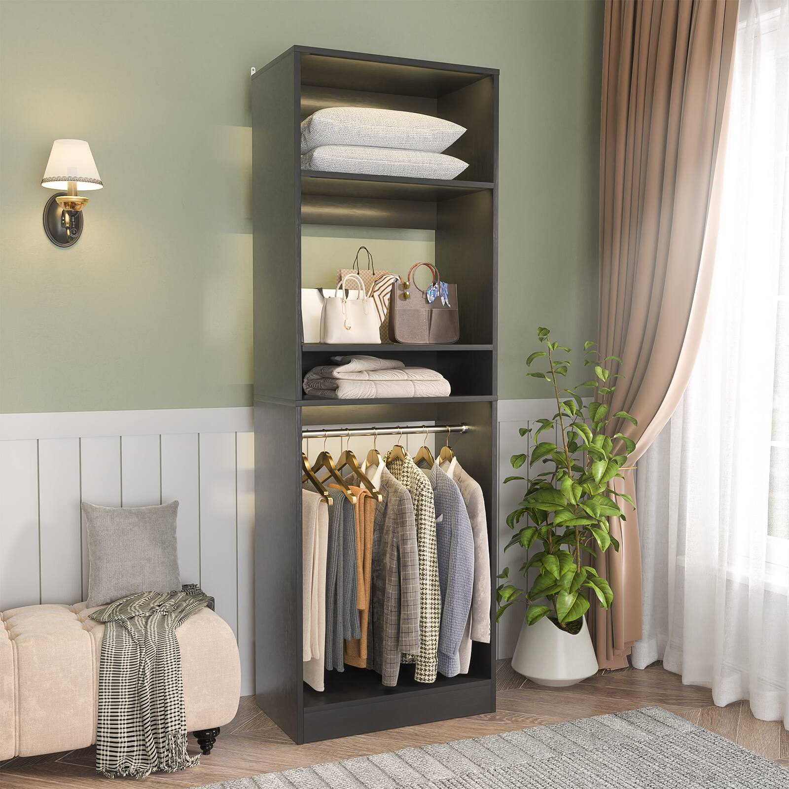 Front. Aheaplus - 25'' Closet System with 2 Hanging Rods, Freestanding Closet Organizer System with Adjustable Shelves - Black.