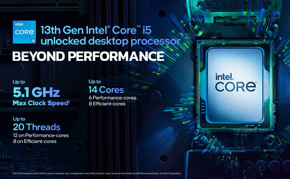 13th Gen Intel Core™ i5 unlocked desktop processor  
BEYOND PERFORMANCE  

Up to 5.1 GHz Max Clock Speed¹  
Up to 14 Cores  
6 Performance-cores  
8 Efficient-cores  

Up to 20 Threads  
12 on Performance-cores  
8 on Efficient-cores  

Performance varies by use, configuration and other factors. Learn more at www.intel.com/PerformanceIndex  
Intel Corporation.