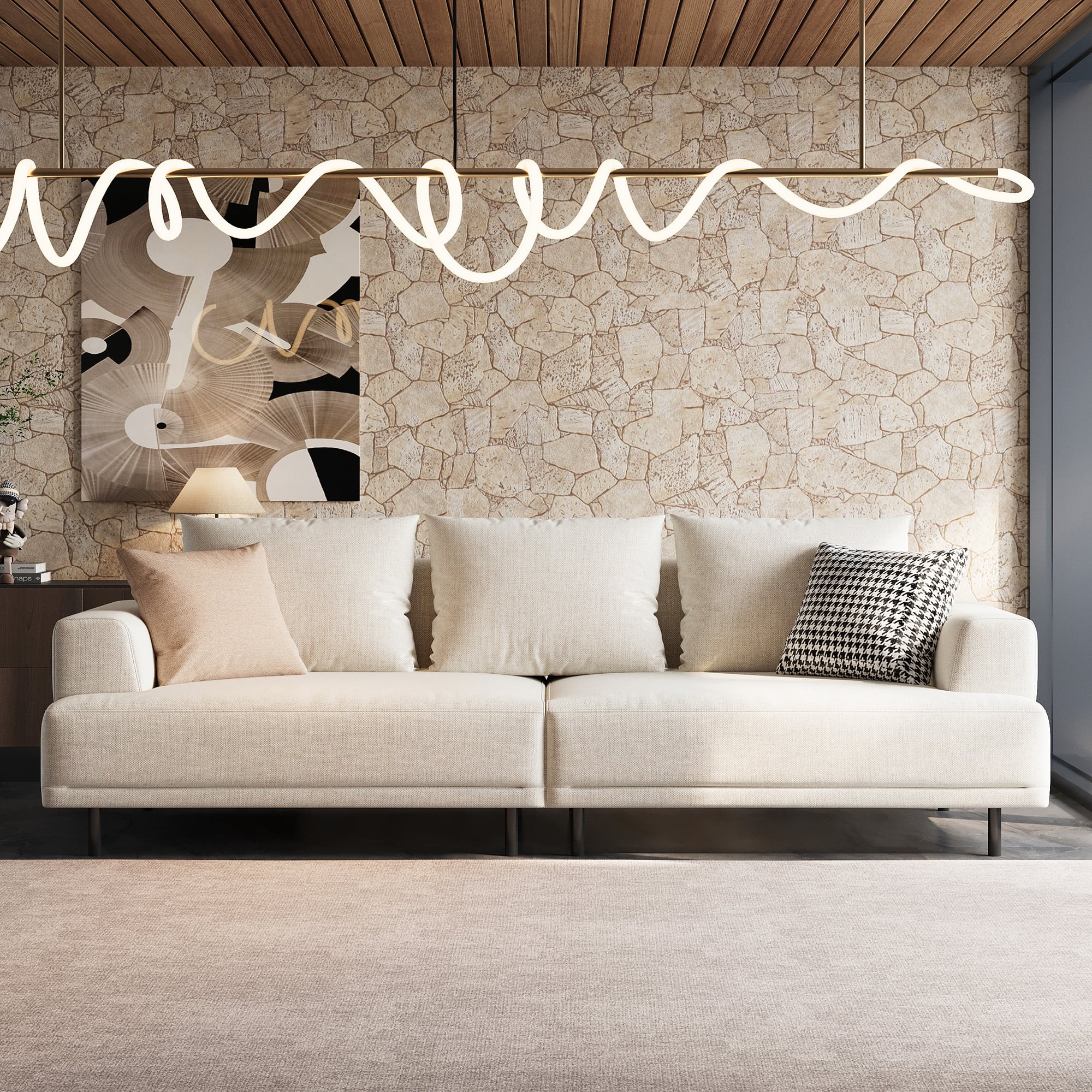 Front. luck idea - 82.67" Breathable Cotton-Linen Fabric Sofa, Solid Wood Frame, High-Elastic Sponge Seat Cushion - Light Beige.