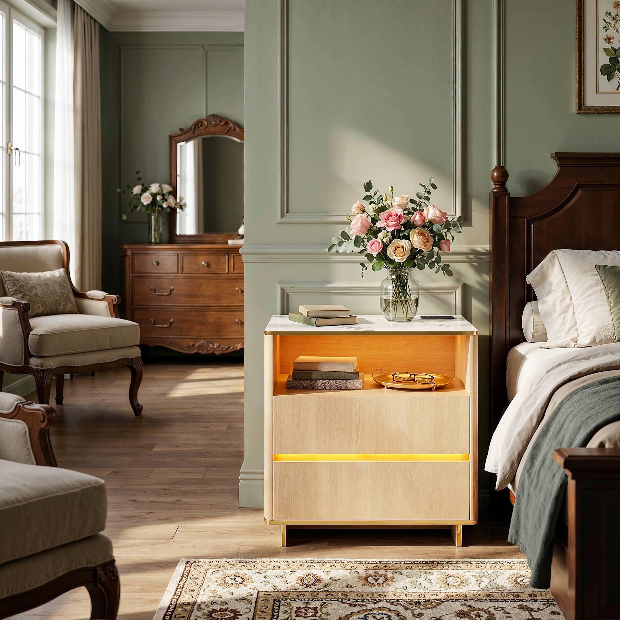 Alt View 1. Famapy - Modern Nightstand with LED Light & Charging Hub, Marble-Top Bedside Cabinet with Gold Legs & 2 Drawers Furniture - Wooden.