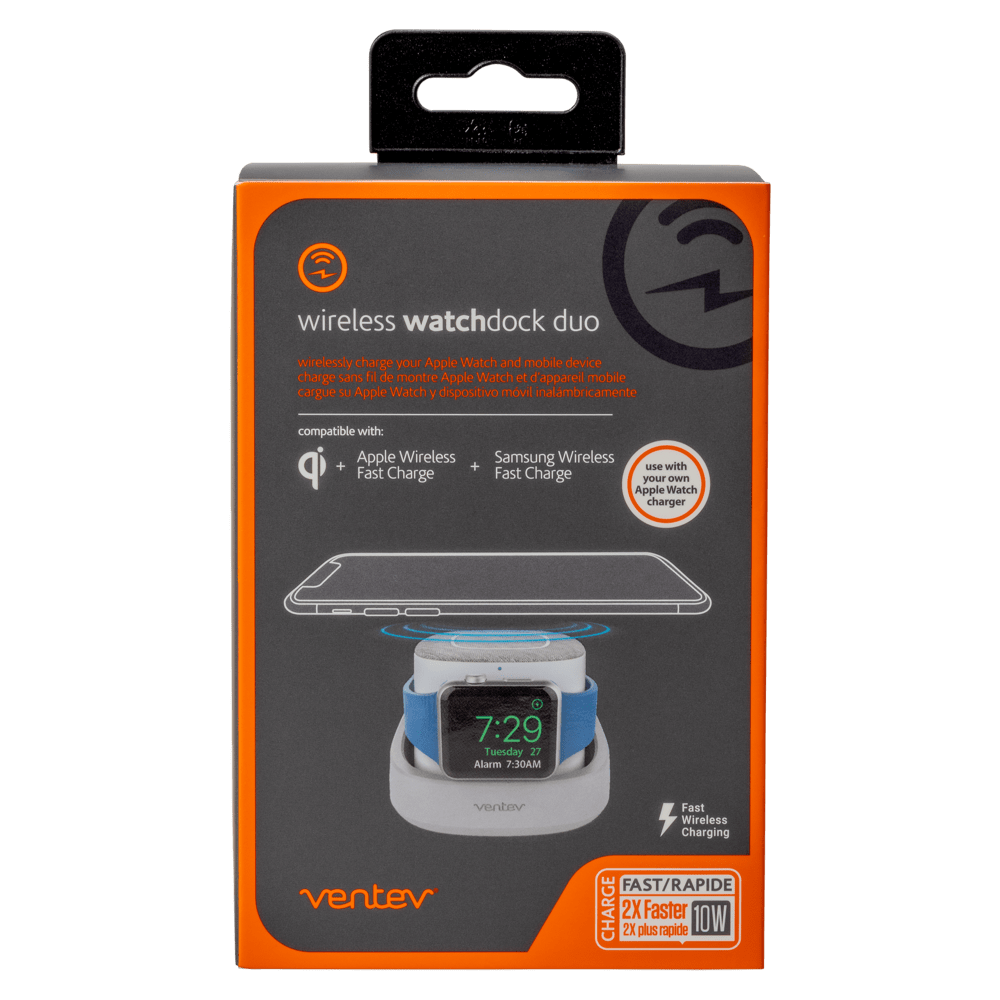 wireless watchdock duo

wirelessly charge your Apple Watch and mobile device
charge sans fil de montre Apple Watch et 'apparei mobile cargue SU Apple Watch dispositivo mvil inalmbricamente

compatible with:
Apple Wireless Fast Charge
Samsung Wireless Fast Charge

7:29 Tuesday 27 Alarm 7:30AM

ventev

Fast 4 Wireless Charging FAST/RAPIDE CHARGE 2X 2X plus Faster rapide 10W