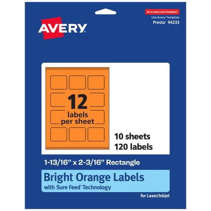 Go to avery.com/templates
AVERY
Use Avery Template Presta® 94233
12 labels per sheet
10 sheets
120 labels
1-13/16" x 2-3/16" Rectangle
Bright Orange Labels with Sure Feed Technology for Laser/Inkjet