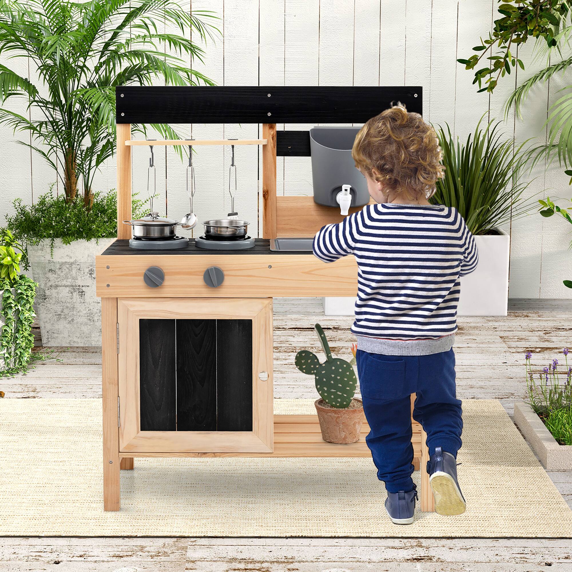 Alt View 1. Gymax - Gymax Mud Kitchen Playset Outdoor Kids Pretend Play Kitchen w/2 Removable Sinks Faucet Natural - Natural, Black.