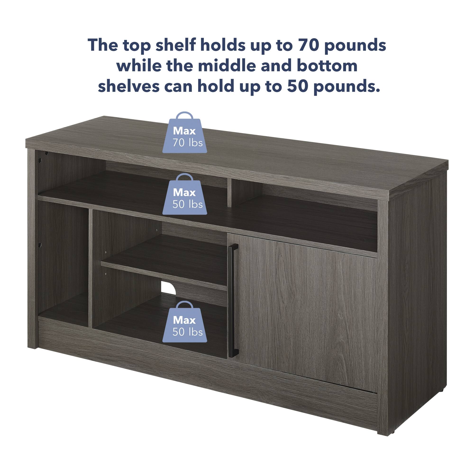 The top shelf holds up to 70 pounds, while the middle and bottom shelves can hold up to 50 pounds.