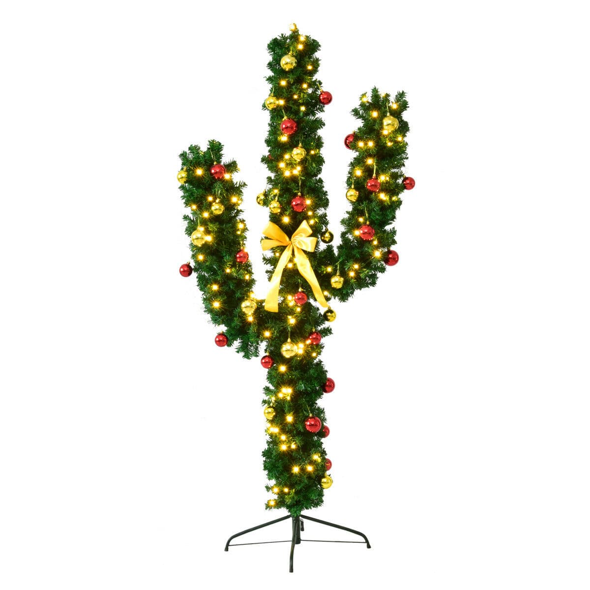 Front. Costway - 7Ft Pre-Lit Cactus Christmas Tree LED Lights Ball Ornaments - Green.