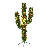 Costway - 7Ft Pre-Lit Cactus Christmas Tree LED Lights Ball Ornaments - Green - Front_Zoom