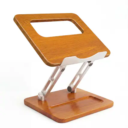 Front. HongFei - Ergonomic Wooden Laptop Stand with Pen Slot, Adjustable Height & Angle, Hollow Cooling Design, Foldable for Desk Use - Cherry Wood Color.