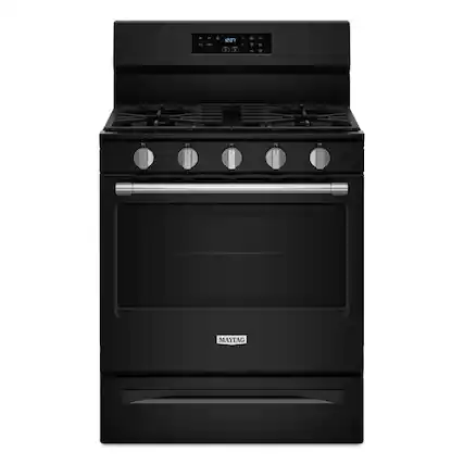 The text on the image reads "201 N N4 MAYTAG." This suggests that the oven is a Maytag brand and has a model number starting with "201." The oven is a black, stainless steel, gas-powered stove with a digital display.