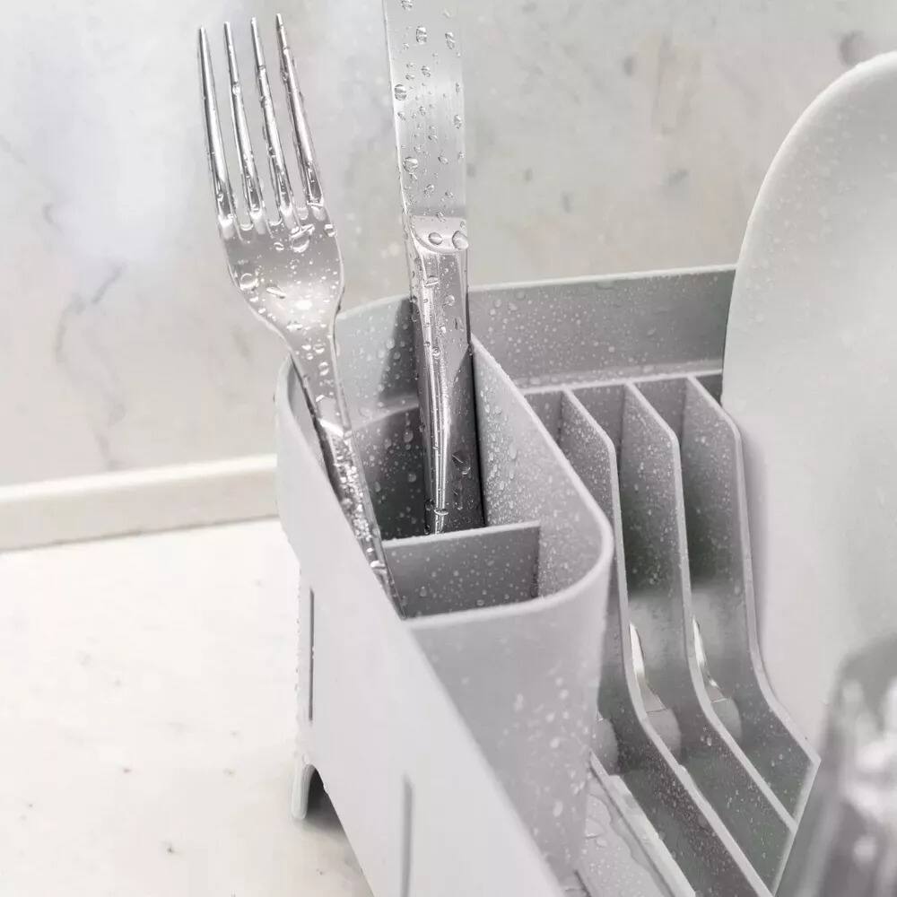 Left. OU - OU Kitchen Sink Organizer 3pc Set, Dish Rack, Cutlery Drainer & Soap Dispenser Caddy w Sponge Holder - White - White.