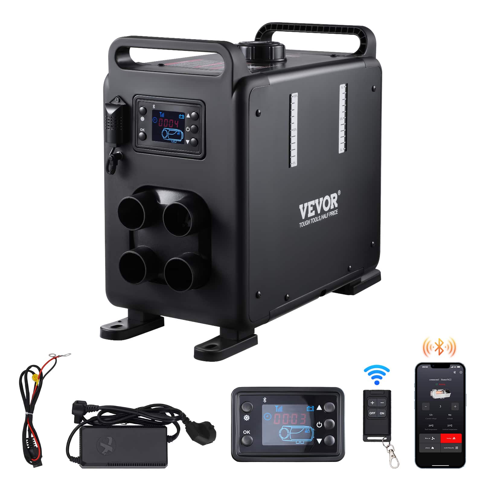 VEVOR - 8KW Diesel Heater, 12V/24V All in One Diesel Air Heater, Bluetooth APP Control, Remote Control and Display Screen - Black