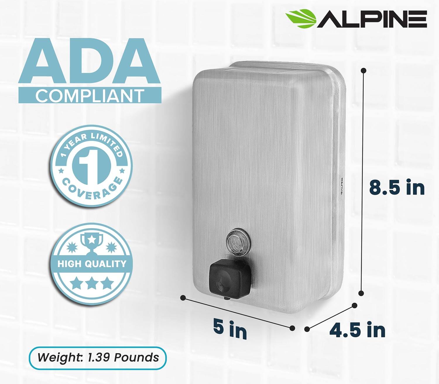 ADA COMPLIANT, ALPINE, 1 YEAR LIMITED COVERAGE, HIGH QUALITY, 8.5 in, 5 in, 4.5 in, Weight: 1.39 Pounds