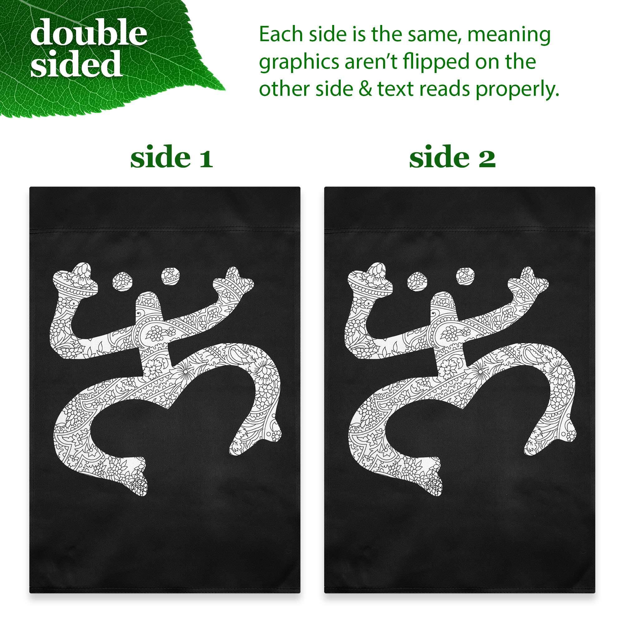 double sided

Each side is the same, meaning graphics aren't flipped on the other side & text reads properly.

side 1

side 2