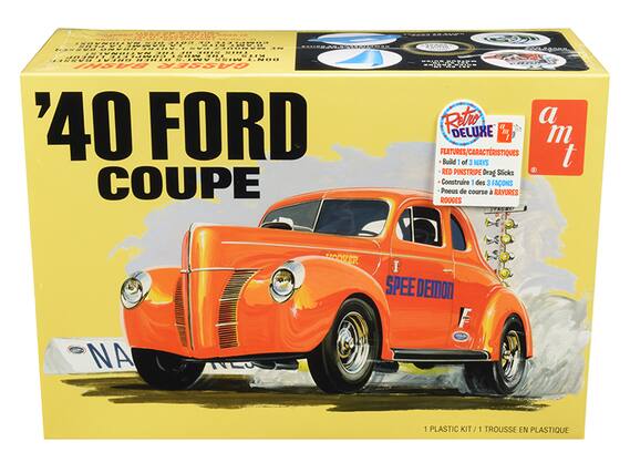 Sure, here is the corrected and grouped text from the image:
---
**'40 FORD COUPE**
**Retro Deluxe**
**a m t**
**FEATURES/CARACTÉRISTIQUES**
- Build 1 of 3 WAYS
- RED PINSTRIPE Drag Slicks
- Construire 1 des 3 FAONS
- Pneus de course à RAYURES ROUGES
**1 PLASTIC KIT / 1 TROUSSE EN PLASTIQUE**
---
**'40 FORD COUPE**
**SPEED DEMON**
**NA**
**HOOKER**
**1 PLASTIC KIT / 1 TROUSSE EN PLASTIQUE**
---
**Retro Deluxe**
**a m t**
**FEATURES/CARACTÉRISTIQUES**
- Build 1 of 3 WAYS
- RED PINSTRIPE Drag Slicks
- Construire 1 des 3 FAONS
- Pneus de course à RAYURES ROUGES
**1 PLASTIC KIT / 1 TROUSSE EN PLASTIQUE**
---
**'40 FORD COUPE**
**
