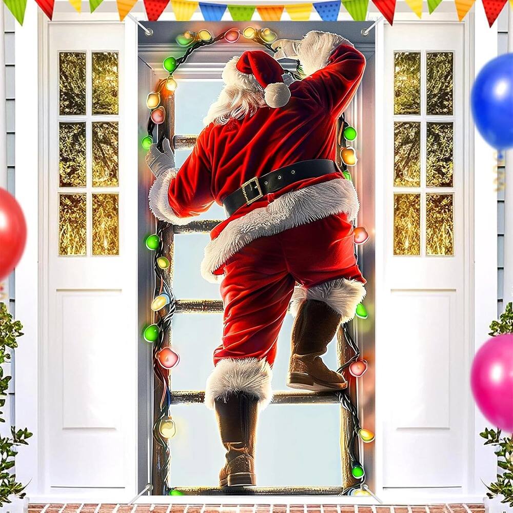 Alt View 2. MOSZAR LLC - Santa Climbing Ladder Door Cover, 35x71" Holiday Banner with Lights - red.